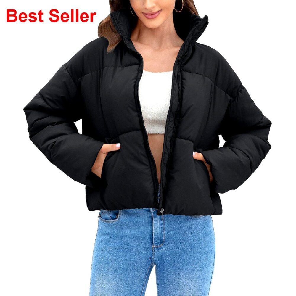 Cropped Quilted Puffer Jacket, Winter Warm Outerwear, Full Zipper, Stand Collar